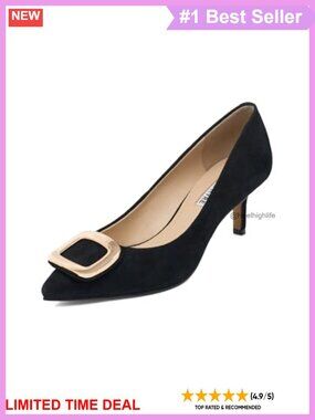 Genuine Leather Kitten Heel Pumps 2 Inch Pointed Toe Dress Shoes Metal Buckle